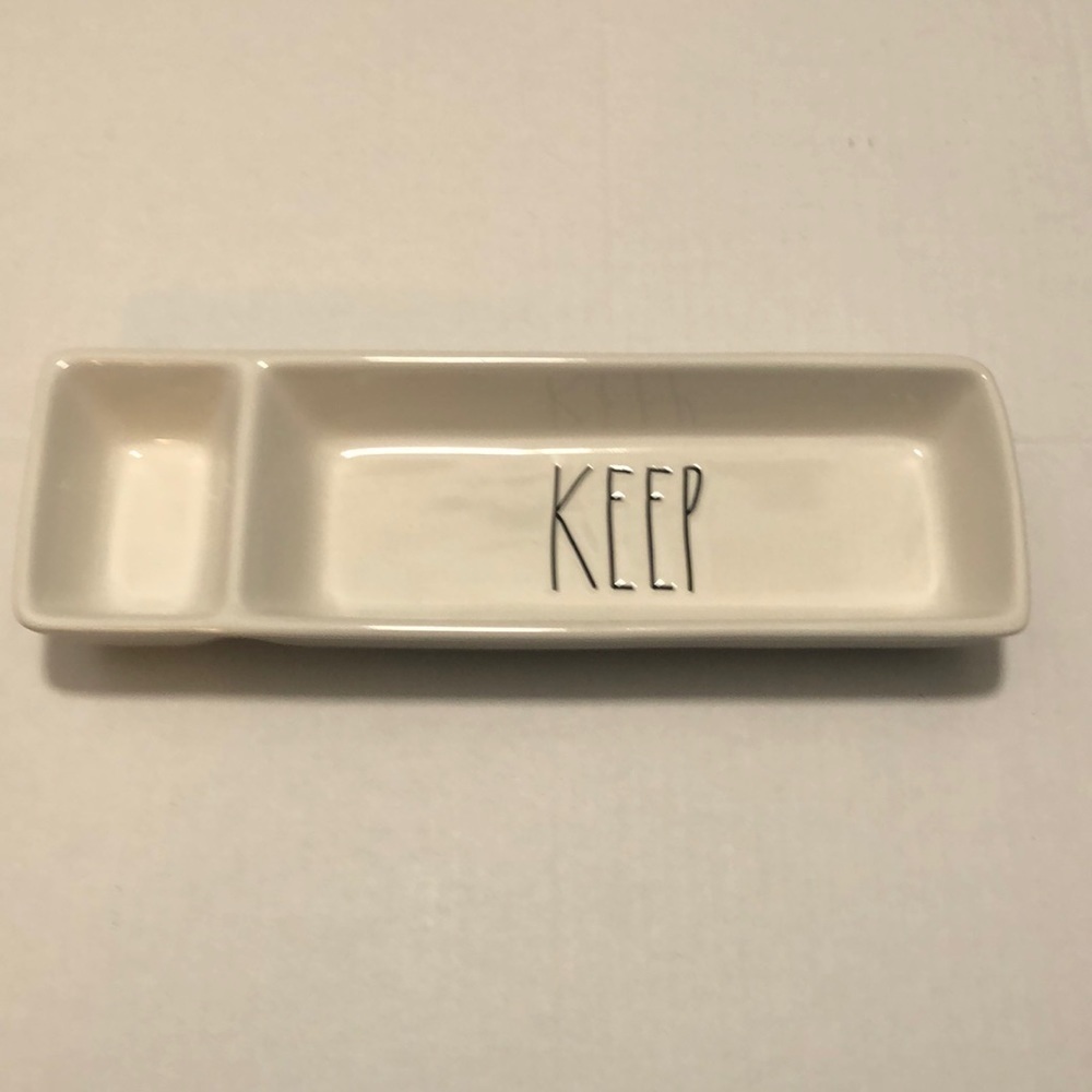 Rae Dunn Artisan Collection separated jewelry dish tray with ‘Keep’ on one side
